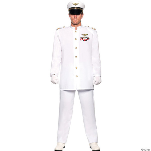 Underwraps Navy Admiral Costume Deluxe, a man in a white naval officer uniform with gold accents, medals, and a white cap with navy insignia, full-body shot.