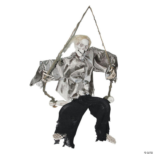 Sunstar Kicking Reaper On Swing, halloween decoration featuring a skeleton dressed in tattered black pants, wearing a shiny silver shirt, sitting on a swing held by deathly skeletal hands, with a spooky skull face and wild hair.