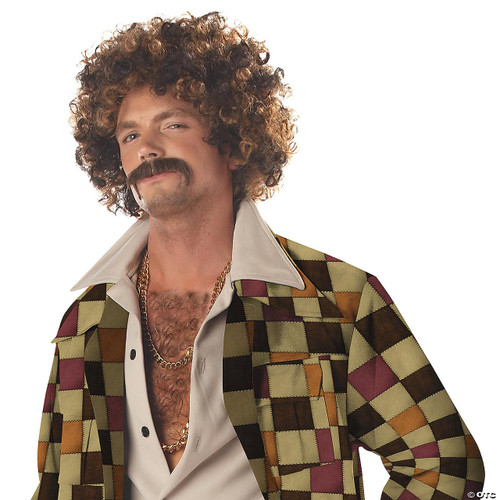 California Costumes Disco Dirt Bag Wig & Mustache, a person wearing a curly multicolored wig and a matching mustache.