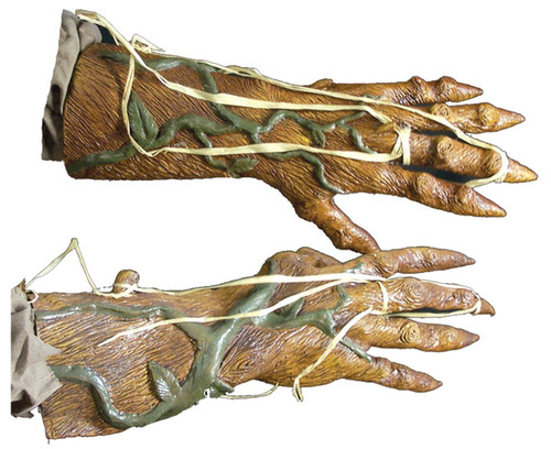 Ghoulish Pumpkin Rot Latex Hands, realistic latex horror prop resembling decayed, rotting pumpkin hands with detailed vein and tree bark texture for Halloween or horror-themed decorations.