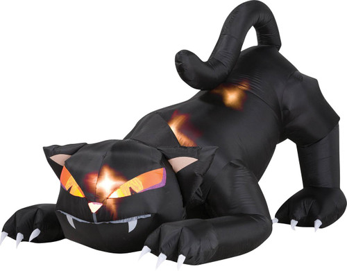 Gemmy 72" Blow Up Inflatable Black Cat With Turning Head Halloween Decoration, inflatable black cat with glowing orange eyes, sharp teeth, and a long curled tail for Halloween decor.