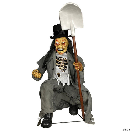 Morris Crouching Grave Digger Animated Prop, detailed zombie grave digger with a menacing expression holding a shovel, dressed in tattered clothing, black boots, and a top hat, perfect for Halloween decorations.
