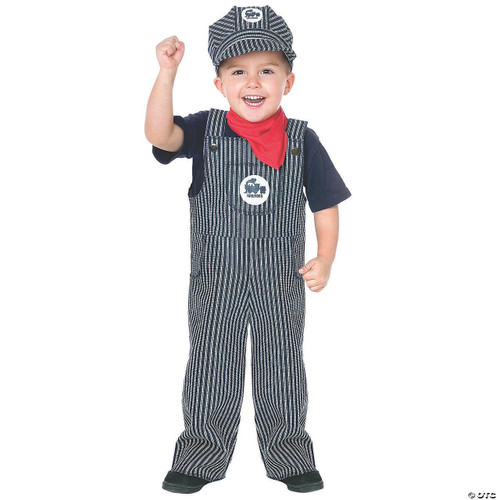 Fun World Train Engineer Costume - Toddler, a young boy dressed in a striped train engineer costume with a matching hat and red bandana, smiling and raising his fist in excitement.