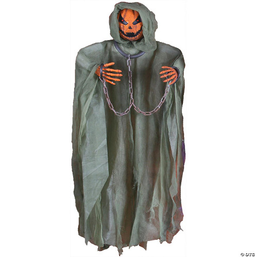 Fun World 36'' Pumpkin Hanging Figure, Halloween decoration with a creepy pumpkin head, hooded cloak, and chains for spooky festive display.
