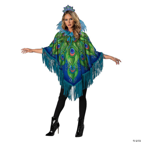 Fun World Poncho Peacock Instant Set, colorful peacock patterned costume with fringed edges and a matching headpiece.
