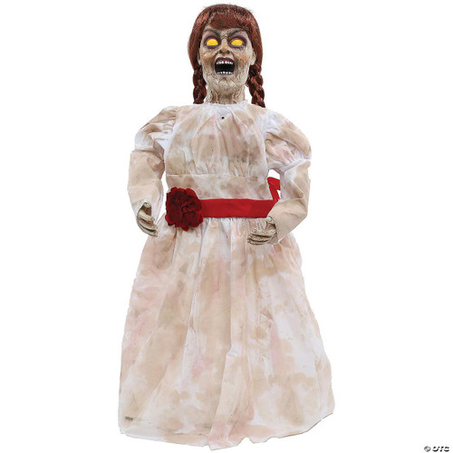 Morris Grim Girl Doll, creepy Halloween decoration zombie girl dressed in a vintage white dress with red accents, bloodstains, and a red flower belt, with scary zombie face and glowing yellow eyes.
