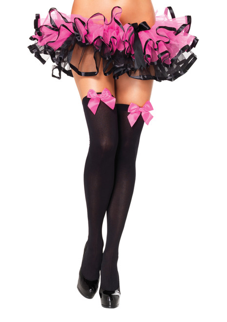Nylon Thigh-Highs With Bow-Black/Pink