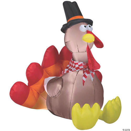 Sunstar Airblown Turkey Inflatable, large inflatable turkey decoration with a black top hat, red and orange tail feathers, and yellow feet, suitable for Thanksgiving and holiday celebrations.