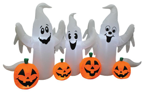 Morris Ghosts With Pumpkins 8' Wide Inflatable, festive Halloween inflatable displays with three laughing ghost figures and four orange pumpkin decorations with green stems.