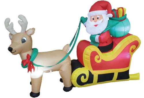 Gemmy 6' Santa On Sleigh Inflatable, festive holiday decoration featuring Santa Claus riding a sleigh pulled by an inflatable reindeer.