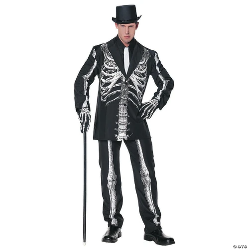 Underwraps Bone Daddy Costume - Adult, man wearing a black skeleton suit with bones design, black top hat, black shoes, and holding a cane.