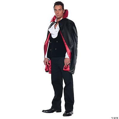 Underwraps Cape - 44" Reversible Adult, man modeling black and red reversible cape with hood, formal outfit, and white shirt, showcasing versatile costume accessory for adults.