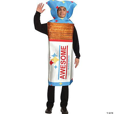 Rasta Imposta Loaf Of Bread costume, person wearing a bread loaf costume with colorful packaging and the word 'AWESOME' on it.