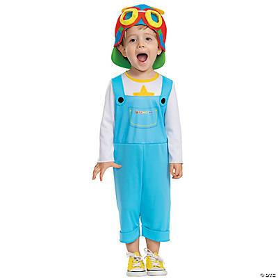 Disguise Tom Tom Toddler Costume, a child dressed as a playful character with a colorful helmet, goggles, and a blue jumpsuit with a pocket