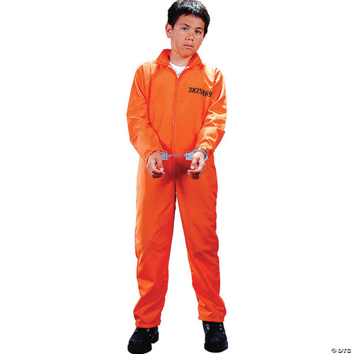 Fun World Got Busted Costume Child, a boy dressed in an orange prison jumpsuit with handcuffs, portraying a humorous jail escape costume for kids.