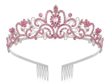Fantasy Costumes Silver & Pink Deluxe Crystal Tiara, a sparkling silver and pink tiara adorned with intricate crystal embellishments and a central pink heart-shaped gem.