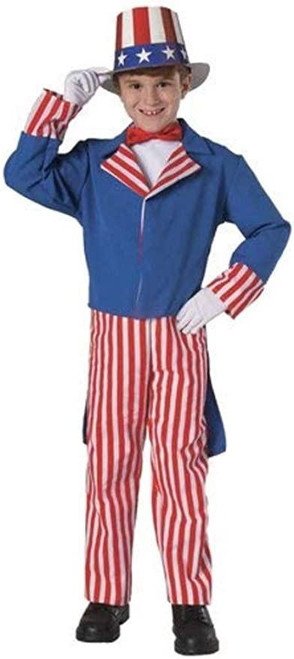 Rubies Uncle Sam Child Costume, a young boy dressed as Uncle Sam in a patriotic red, white, and blue outfit including a top hat, striped pants, and a blue coat with red and white accents.