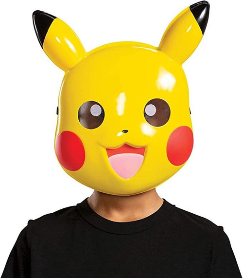 Disguise Pikachu Plastic Mask, yellow Pikachu character head mask with large black-tipped ears, big brown eyes, red cheeks, and a happy open mouth