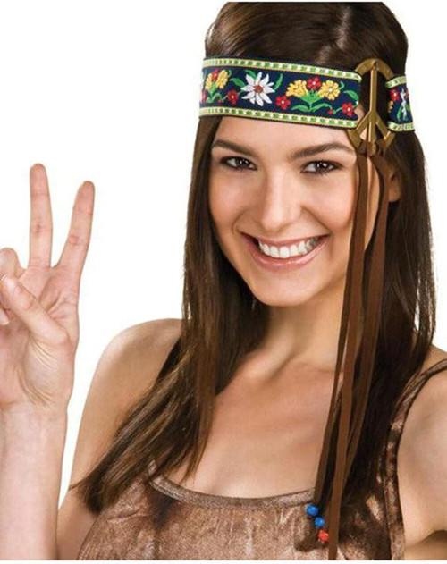 Rubies Hippie Headband with Peace Sign, woman wearing colorful hemp headband with peace sign motif and peace gesture, hippie bohemian style accessory.