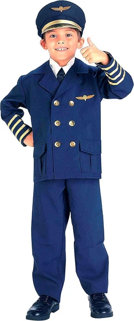 Forum Airline Pilot Children's Costume, young boy dressed in a navy blue pilot uniform with gold accents, pilot hat, and black shoes.