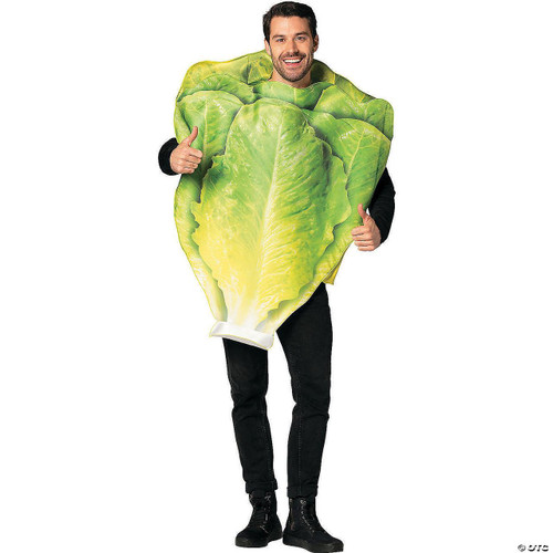 Rasta Imposta Romaine Lettuce Leaf Costume, a man wearing a large, realistic-looking romaine lettuce leaf costume with green and yellow shades, smiling and giving a thumbs up.
