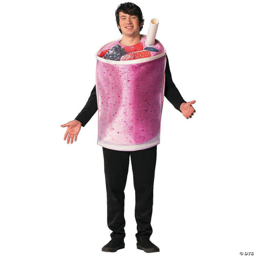 Rasta Imposta Fruit Smoothie Cup Adult, person in a fruit smoothie costume featuring a large pink cup with fruit images and a straw, worn by a smiling man.