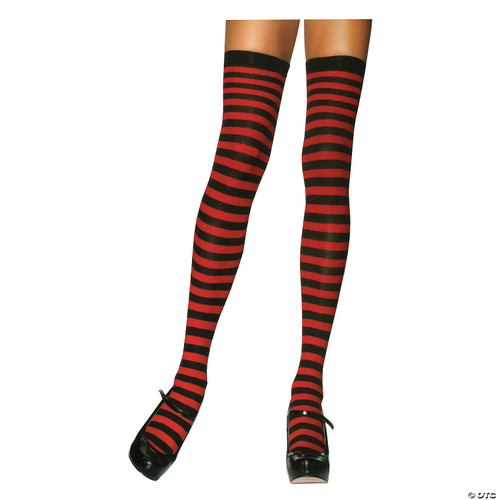 Women's Nylon Striped Thigh-High Stockings- Red/Black