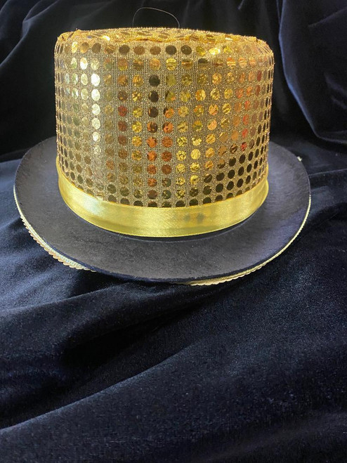 Fantasy Costumes Sequin Top Hat - Gold, a black and gold costume hat with shiny sequins and a wide brim, ideal for cosplay or fancy dress parties.