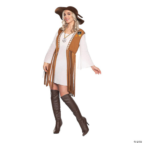 Underwraps Harmony Hippie Costume Adult, woman dressed in bohemian style hippie costume with fringe vest, white dress, and tall brown boots.