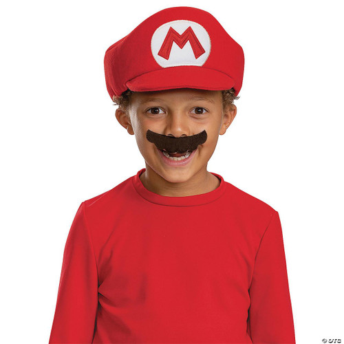 Disguise Mario Elevated Hat & Mustache Child, young boy wearing a red Mario hat with an 'M' emblem and a black mustache accessory, dressed in a red shirt, for children's costume and dress-up fun.