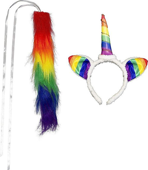 Rubies Pride Rainbow Unicorn Kit, a colorful rainbow unicorn horn headband with matching rainbow ears and a rainbow faux fur tail.