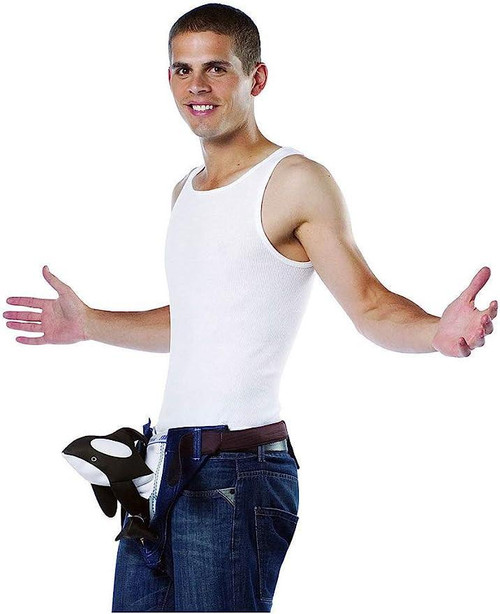 Rasta Imposta Free Willie Costume, man wearing white tank top and jeans with an orca whale prop attached to his waist.
