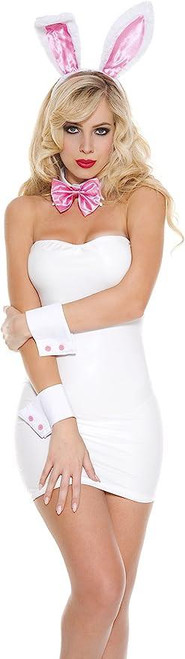 Music Legs Rabbit Accessory Kit - White, woman wearing bunny ears headband, pink bow tie, and matching cuffs for a bunny costume.