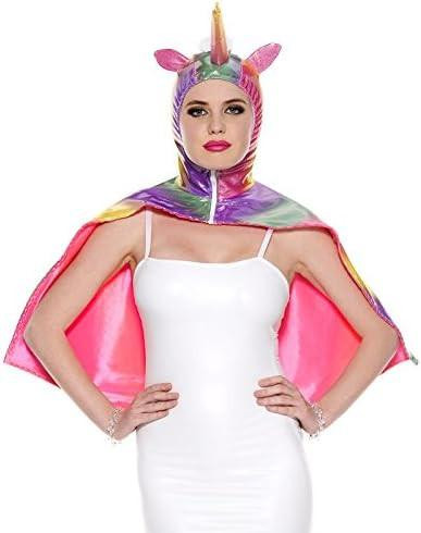 Music Legs Unicorn Cape - Rainbow, woman wearing a colorful rainbow unicorn cape with a headpiece featuring a unicorn horn and ears.