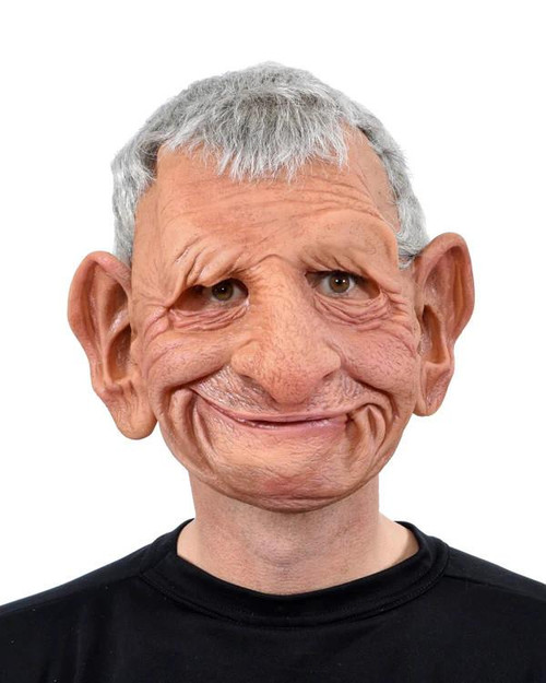 Zagone Papa, Super Soft Old Man Latex Mask with Moving Mouth, worn by a person with gray hair and a humorous facial expression.