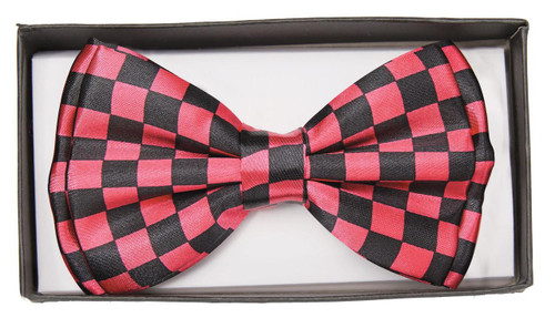 Underwraps Pink/Black Checkered Satin Bow Tie Adult Adjustable Bowtie, displayed in a black box with a white interior.