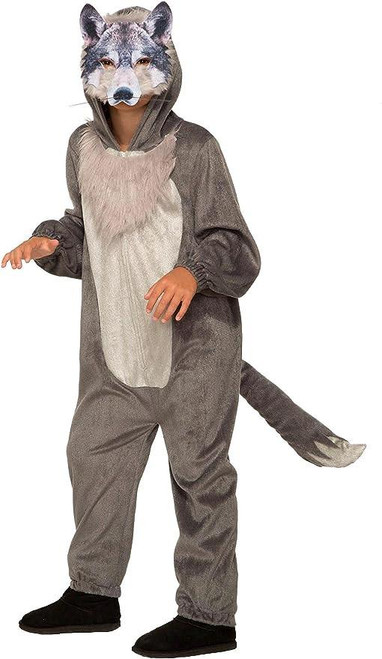 Rubies Wolf Jumpsuit with Mask - Child 10-12, child dressed in a wolf costume with a wolf mask, full-body animal-themed costume for kids.