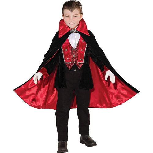 Rubies Victorian Vampire Kids Costume, a young boy dressed in a vampire costume with a red and black cape, ornate vest, white gloves, and dark pants, suitable for Halloween or costume parties.