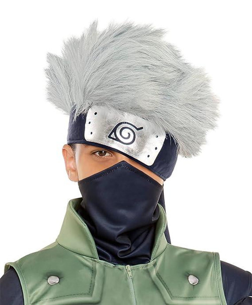 InSpirit Naruto Shippuden Kids Kakashi Headpiece, costume headgear featuring spiky silver hair and a forehead protector with the Hidden Leaf Village symbol, designed for children cosplay.