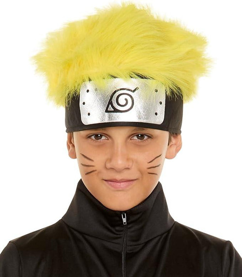InSpirit Naruto Shippuden Kids Naruto Headpiece, yellow spiky wig with headband featuring Hidden Leaf Village symbol, worn by a young boy with face paint and black jacket.