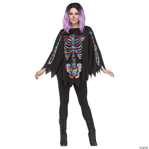 Fun World Skeleton Poncho Costume Accessory - Adult, colorful skeleton design on a black poncho costume worn by a woman with purple hair and skeleton makeup.