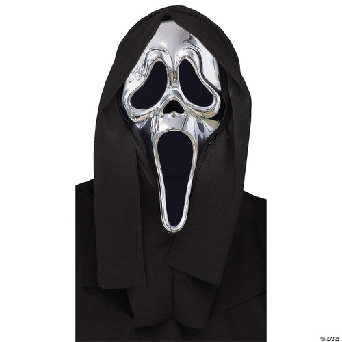 Fun World Scream Ghost Face® Mask Chrome, reflective chrome ghost face mask with hood, perfect for Halloween costumes and horror-themed events.