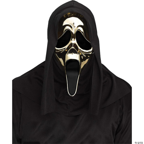 Fun World Ghost Face® Golden Metallic Mask, front view of a golden metallic ghost face mask with open mouth and hollow eyes, worn with a black hoodie.
