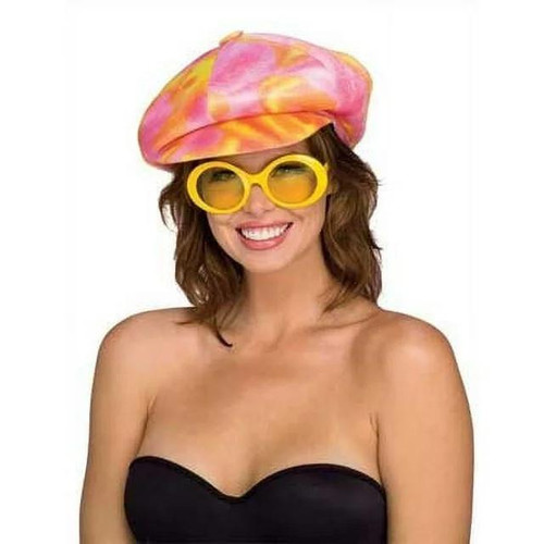 Rubies Disco Cap - Pink/Yellow - 70's - Applejack, woman wearing colorful disco cap, yellow oversized sunglasses, and black strapless top.