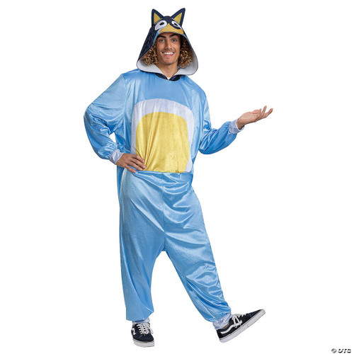 Disguise Bandit Dad Costume - Large/Extra Large, a man wearing a blue, yellow, and white costume with a hood featuring a cartoonish animal face, suitable for Halloween or costume parties.