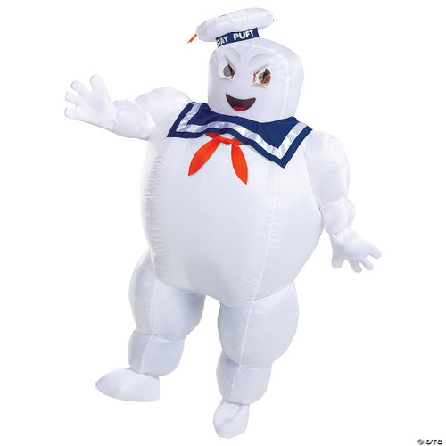 Disguise Inflatable Ghostbusters Staypuft Man Costume - Adult, inflatable costume of a cartoon character with a smiling face, sailor hat, navy collar, and orange necktie, suitable for Halloween or cosplay events.