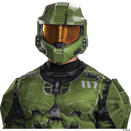 Disguise Halo: Infinite Master Chief Full Helmet - Adult, a detailed green tactical helmet with an orange-tinted visor, worn as part of a futuristic combat suit.