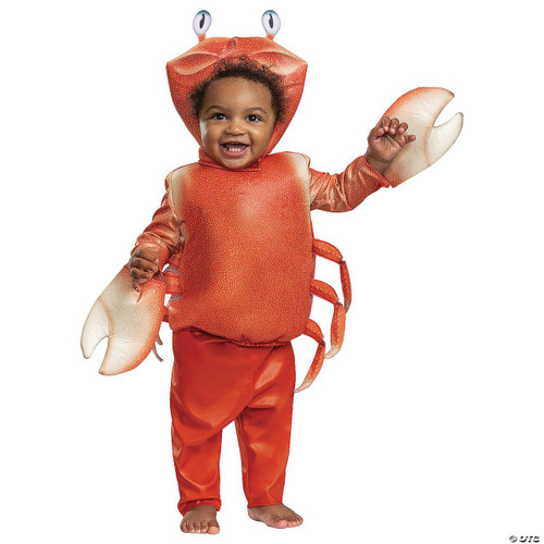 Disguise The Little Mermaid Sebastian Costume - Toddler, a young child dressed in a crab costume from the Little Mermaid, featuring a crab headpiece, plush orange and cream body, and crab claws with a bright, joyful expression.