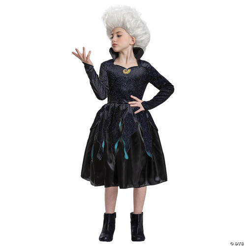 Disguise Little Mermaid Ursula Costume- Child, girl in a detailed Ursula-inspired costume with a black and teal dress, high collar, and white wig.