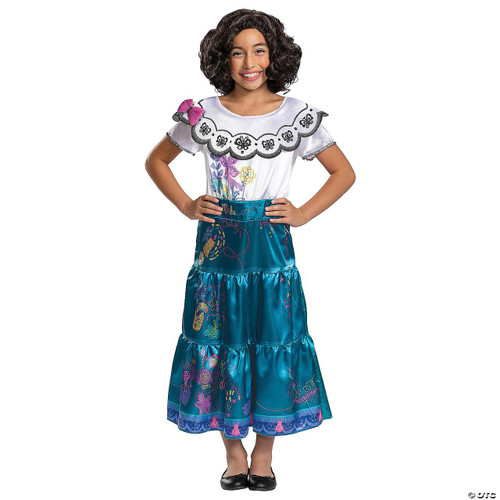 Disguise Disney's Encanto Mirabel Madrigal Wig- Child, girl wearing a curly dark brown wig as Mirabel Madrigal from Encanto, with a colorful skirt and a white top with black embroidery.